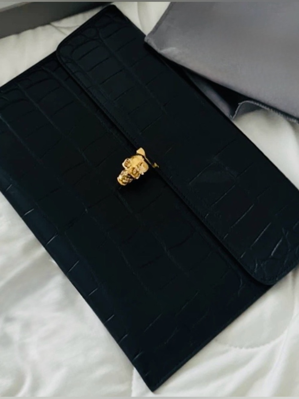 Alexander McQueen Black Croc-Embossed Leather Envelope Clutch with COA